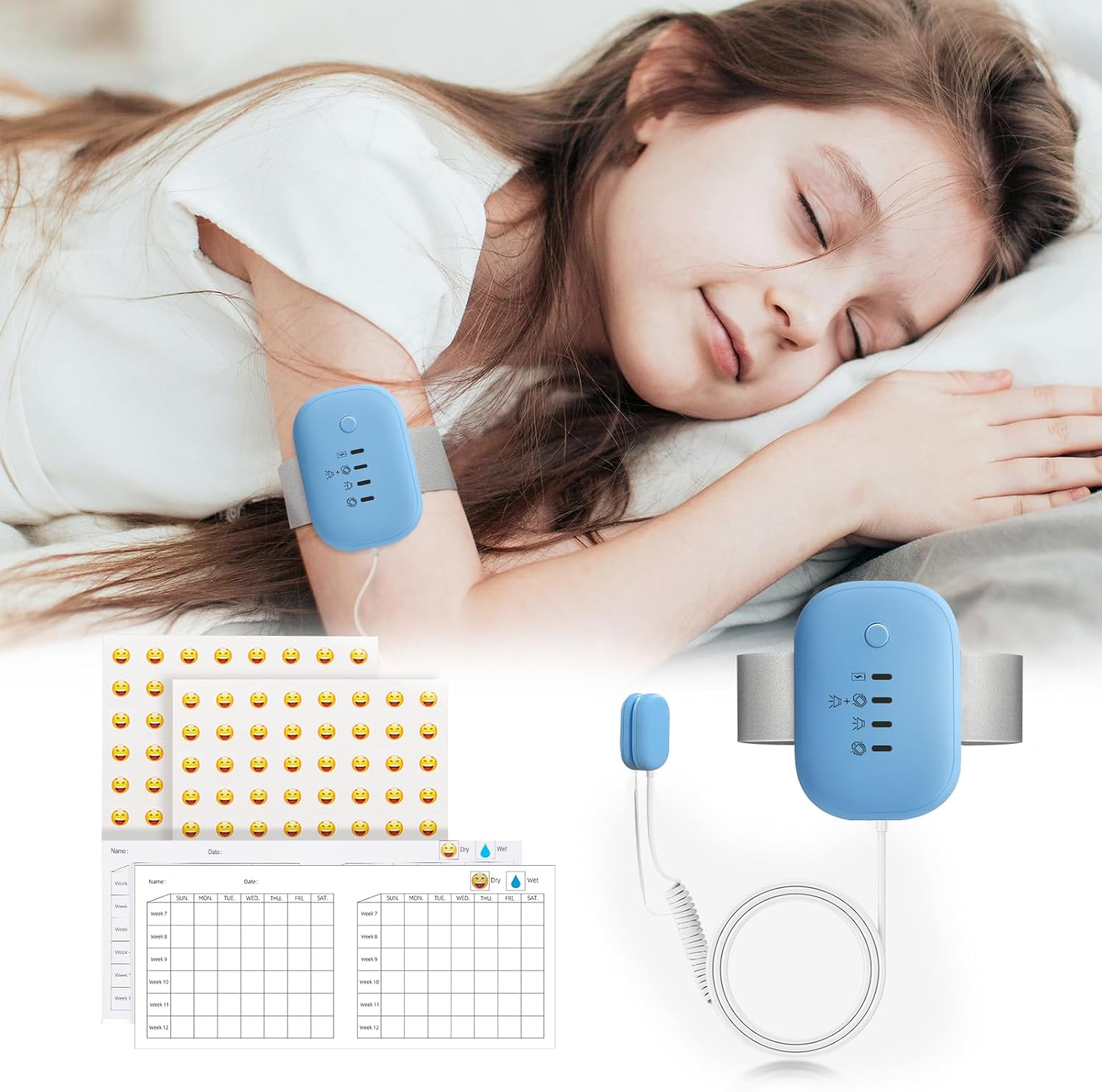 MOSKESON bed wetting alarm front view showing blue wearable tracker device