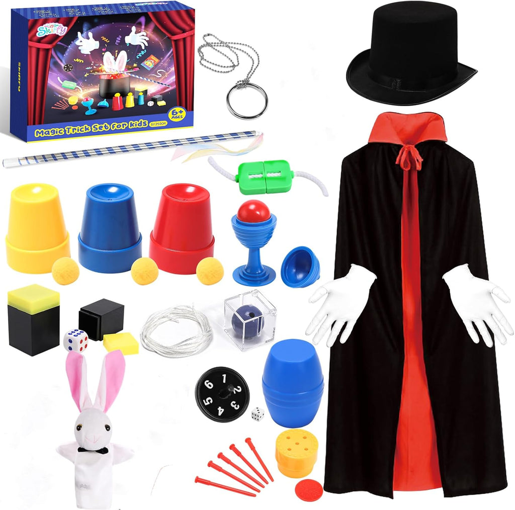 Skirfy magic tricks kit with magician costume and wand front view