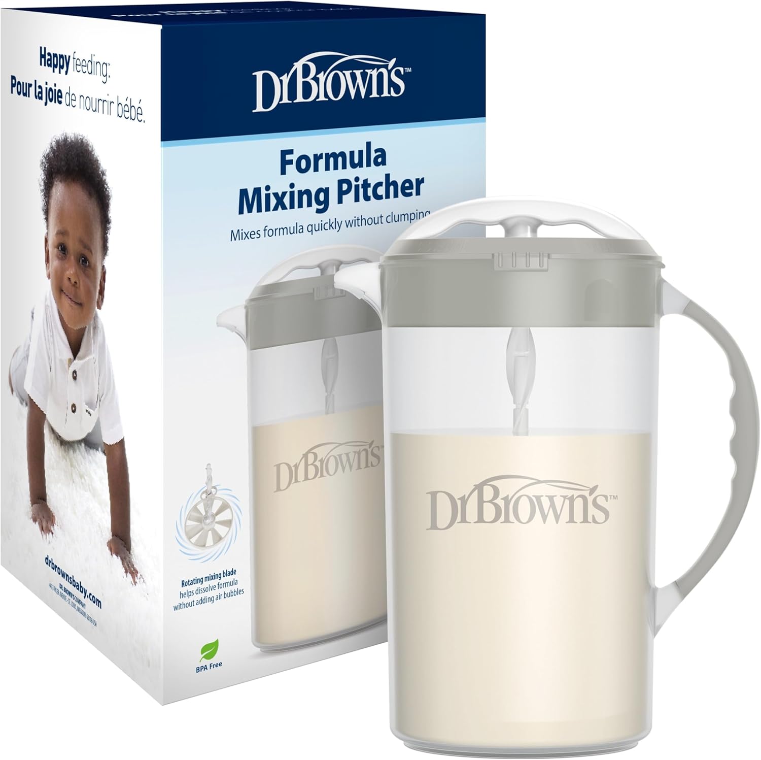 Dr. Brown's Baby Formula Mixing Pitcher front view of gray thirty-six-ounce container for clump-free preparation.