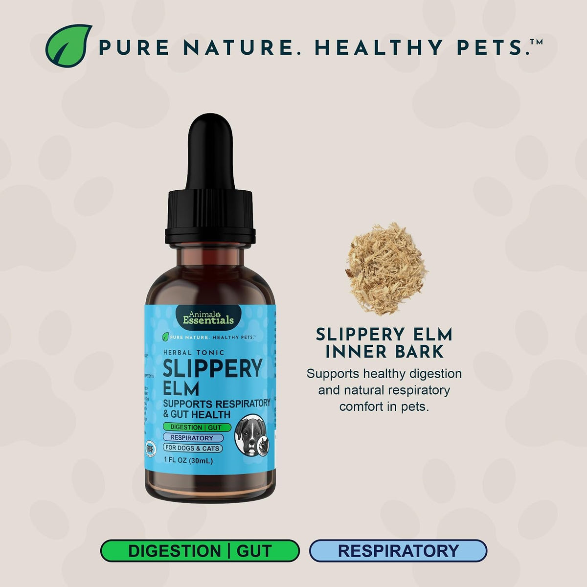 Slippery elm bark drops for cats and dogs 2 fluid ounce bottle label details