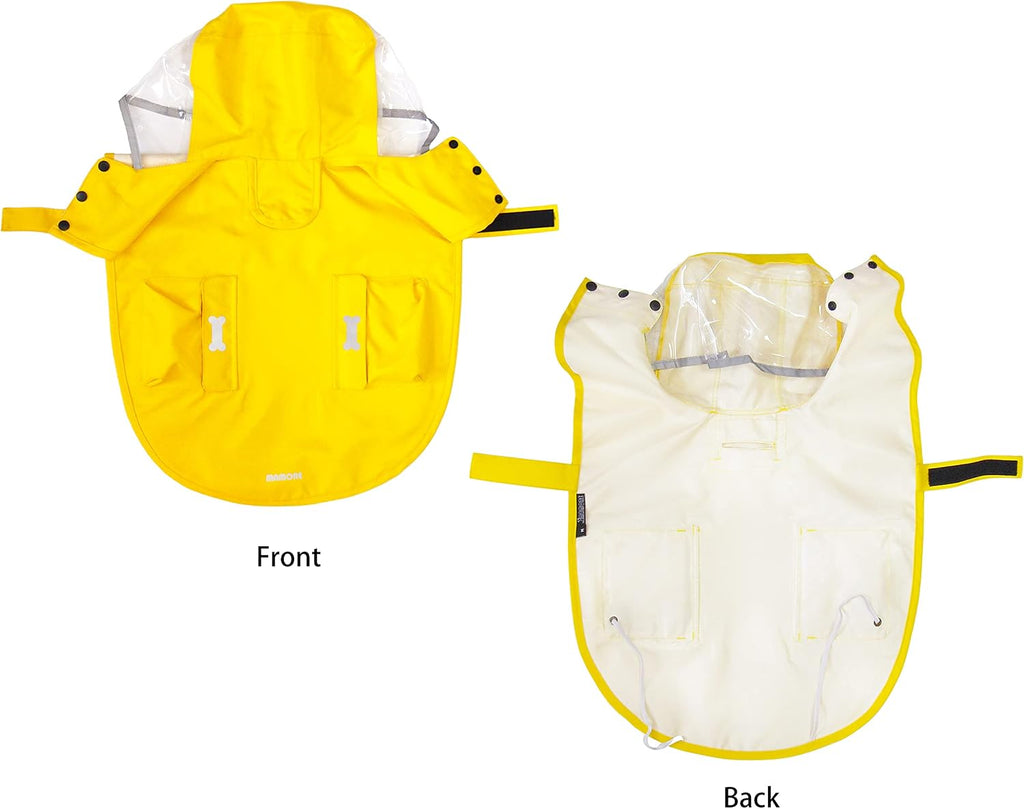 MAMORE yellow pet rain jacket back profile showcasing the leash access hole