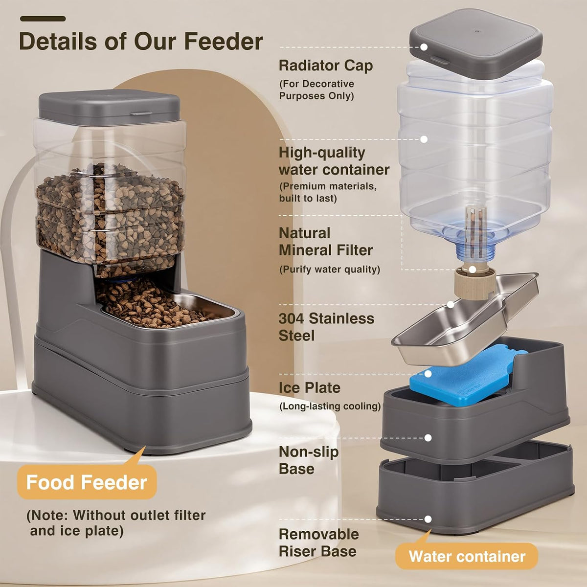 Pawzone automatic pet water station featuring the built-in natural stone filter and ice pack setup.