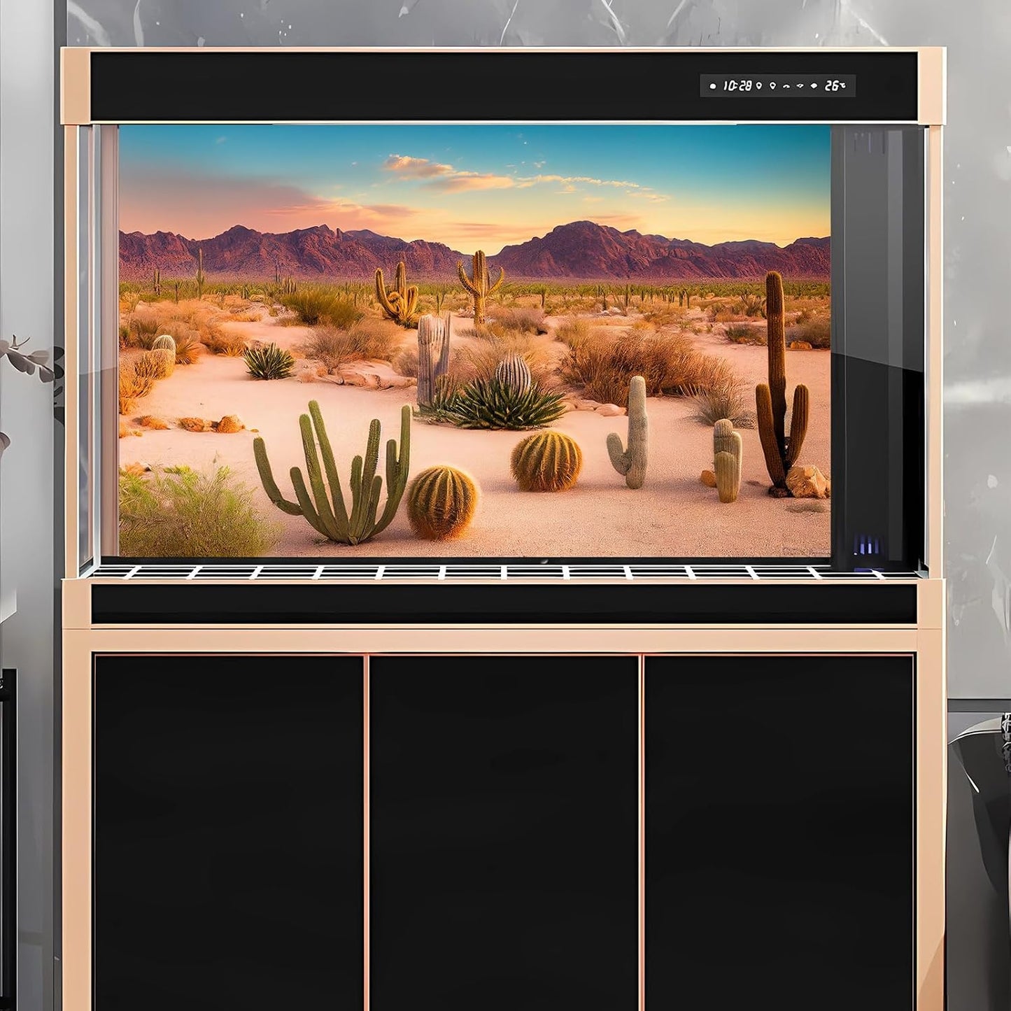 OHIOCATII vinyl aquarium backdrop with vivid sunset desert landscape design for large fish tanks.