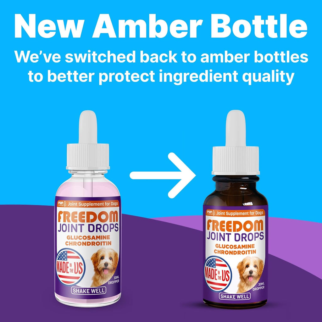 Pup Labs Freedom Joint Drops side label showing glucosamine and chondroitin ingredients