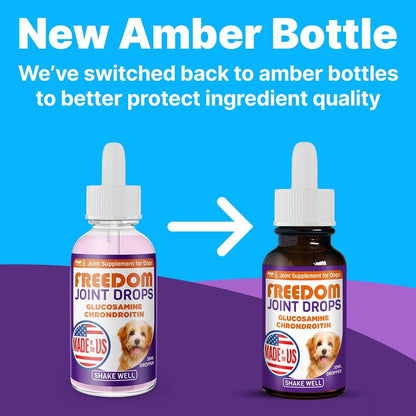 Pup Labs Freedom Joint Drops side label showing glucosamine and chondroitin ingredients