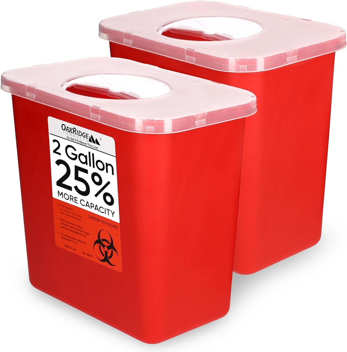 Oakridge Products Large Sharps Container front view 2-pack for medical waste.