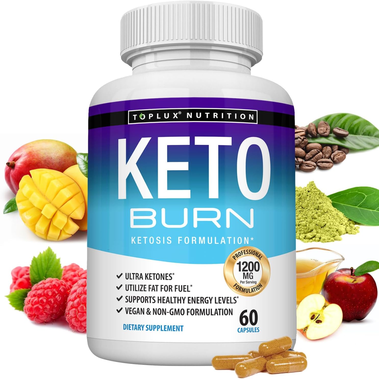 Toplux Keto Burn Pills 60 capsules front view bottle showing 1200 milligram formula