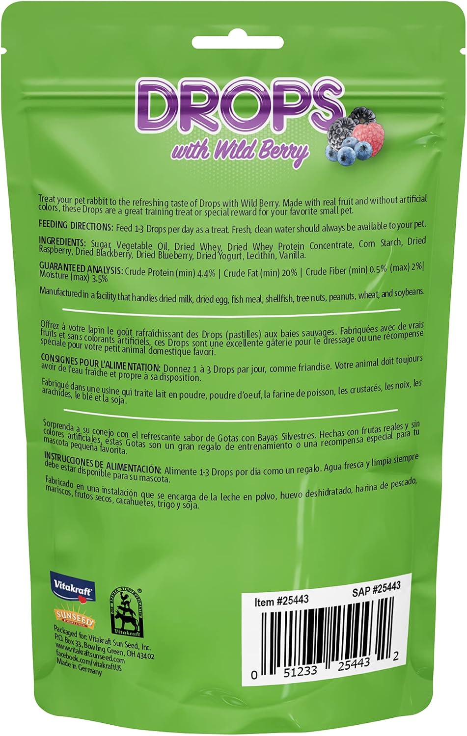 Vitakraft wildberry flavor small animal snacks label detail