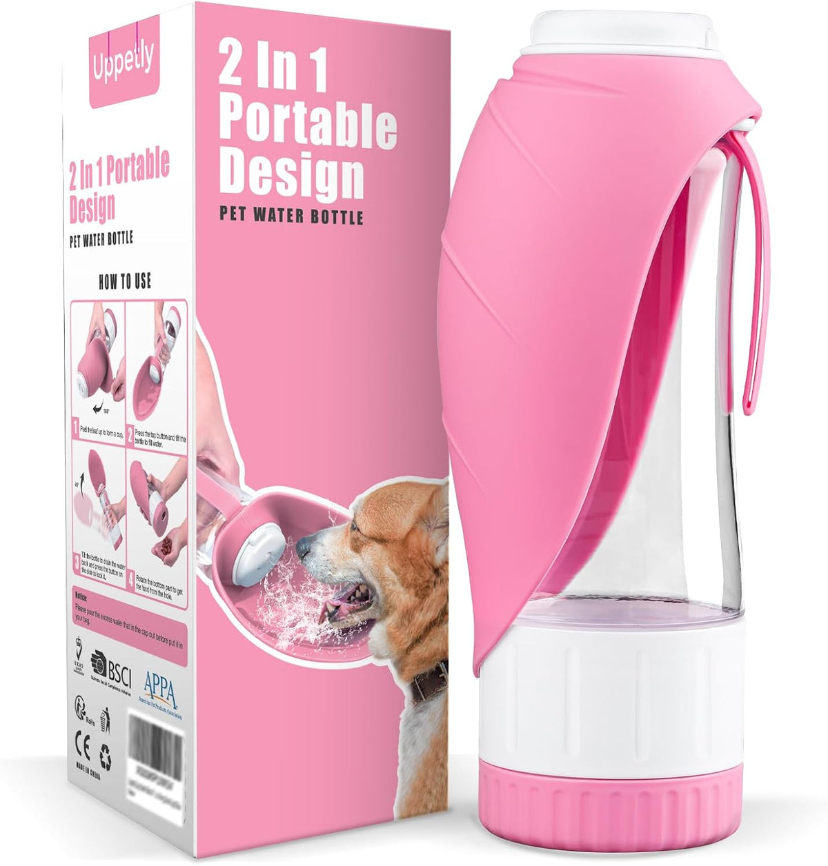 Uppetly dog water bottle front view portable travel feeder pink