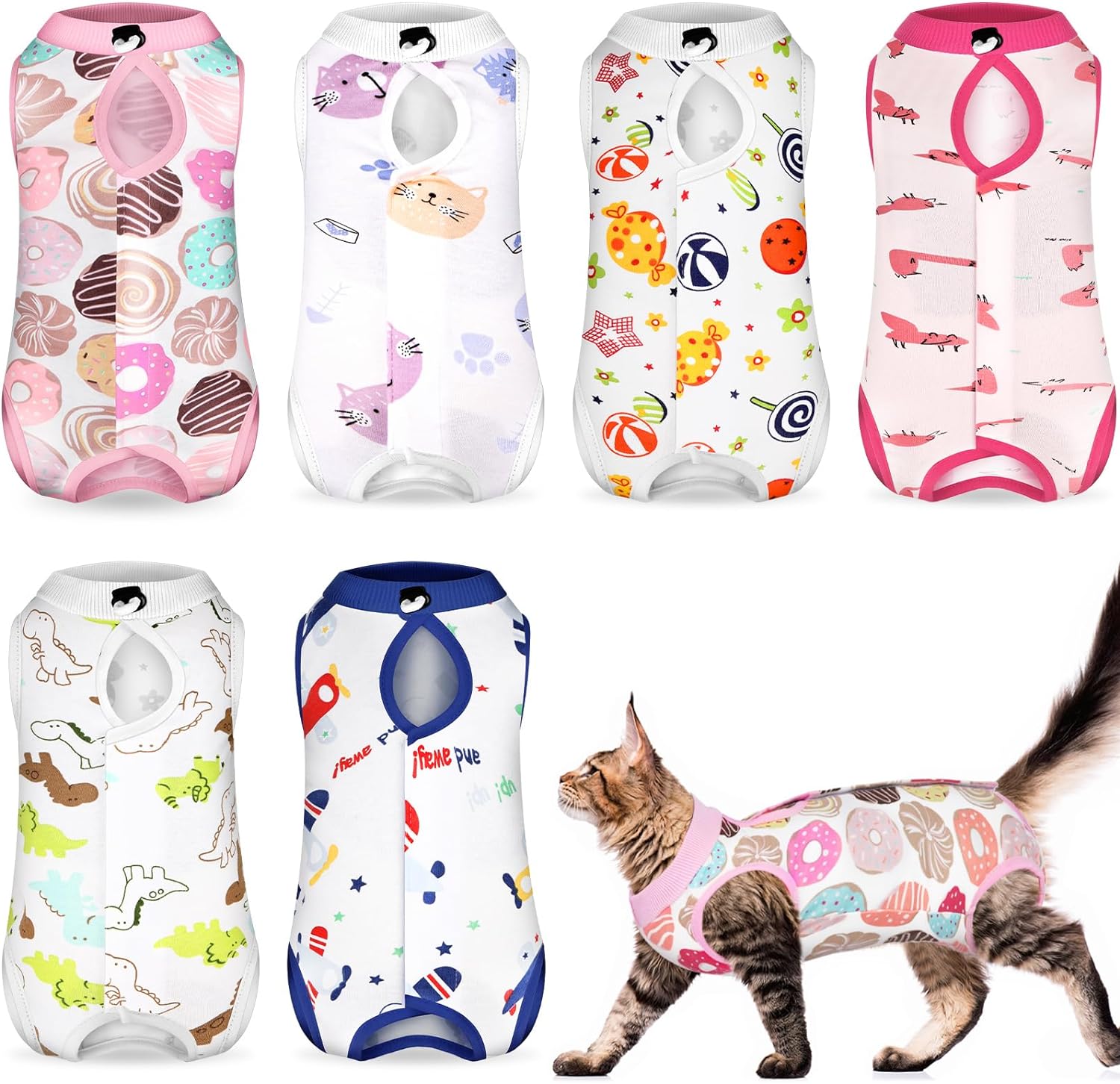 Kacctyen Cat Recovery Suit front view of animal pattern post surgery bodysuit.