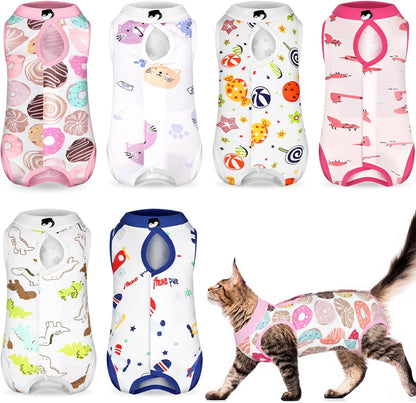 Kacctyen Cat Recovery Suit front view of animal pattern post surgery bodysuit.
