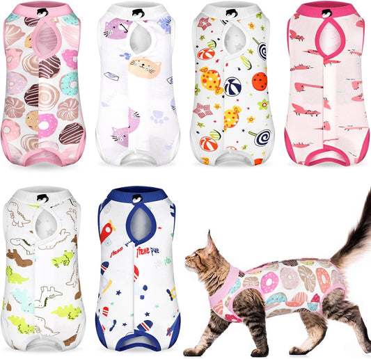 Kacctyen Cat Recovery Suit front view of animal pattern post surgery bodysuit.