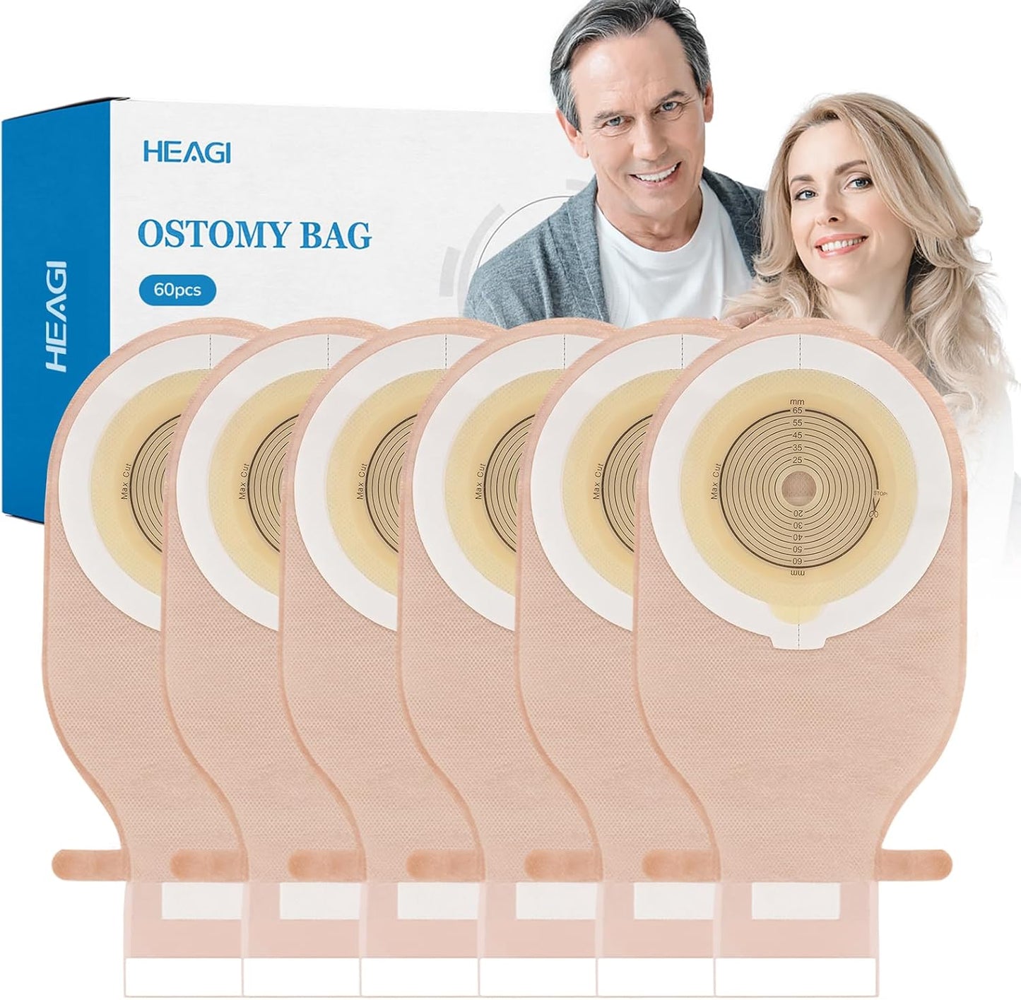 Heagimed one piece drainable colostomy bags front view showcasing the cut to fit hydrocolloid barrier and measurement lines