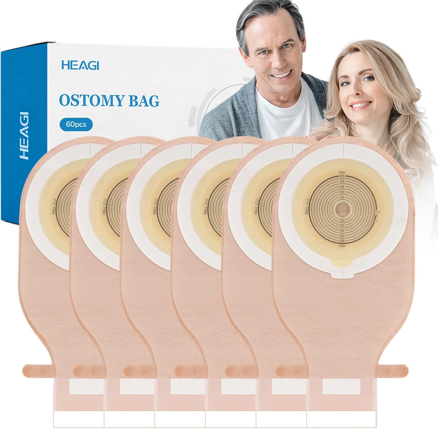 Heagimed one piece drainable colostomy bags front view showcasing the cut to fit hydrocolloid barrier and measurement lines