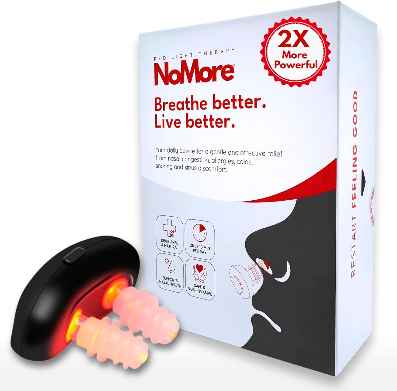 NoMore Red Light Therapy for Nose LED Nasal Device front view showing premium white finish and dual light therapy prongs.