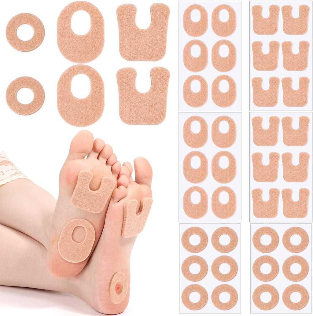 Shynek felt callus pads front view showcasing thirty six piece collection in assorted shapes