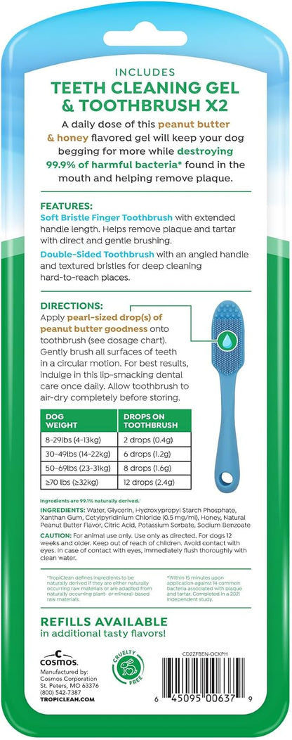 TropiClean peanut butter and honey dog toothpaste gel tube with toothbrushes