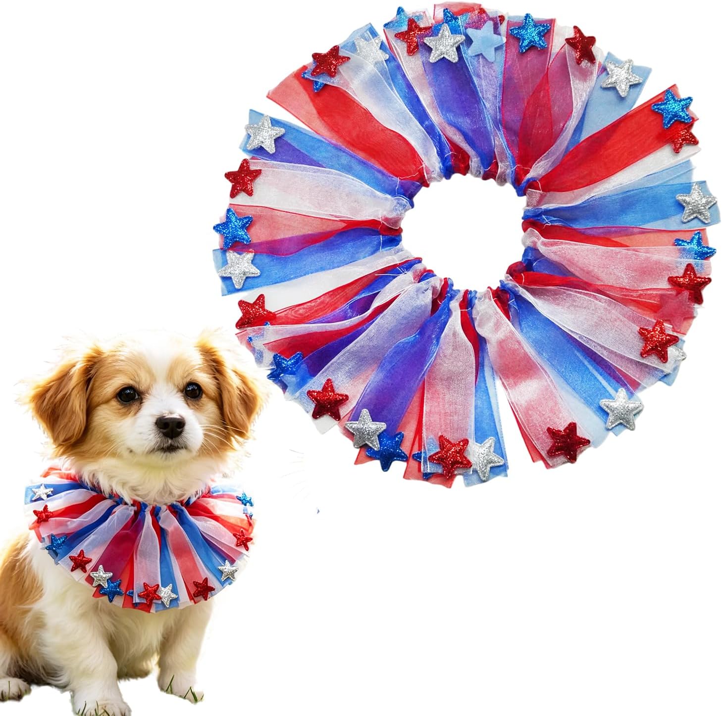 YOUFORZX fourth of July dog tulle collar front view showcasing red white and blue patriotic ribbons