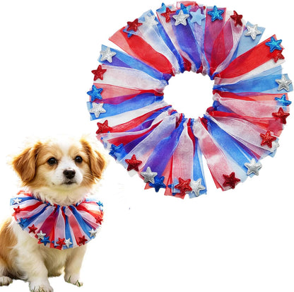 YOUFORZX fourth of July dog tulle collar front view showcasing red white and blue patriotic ribbons