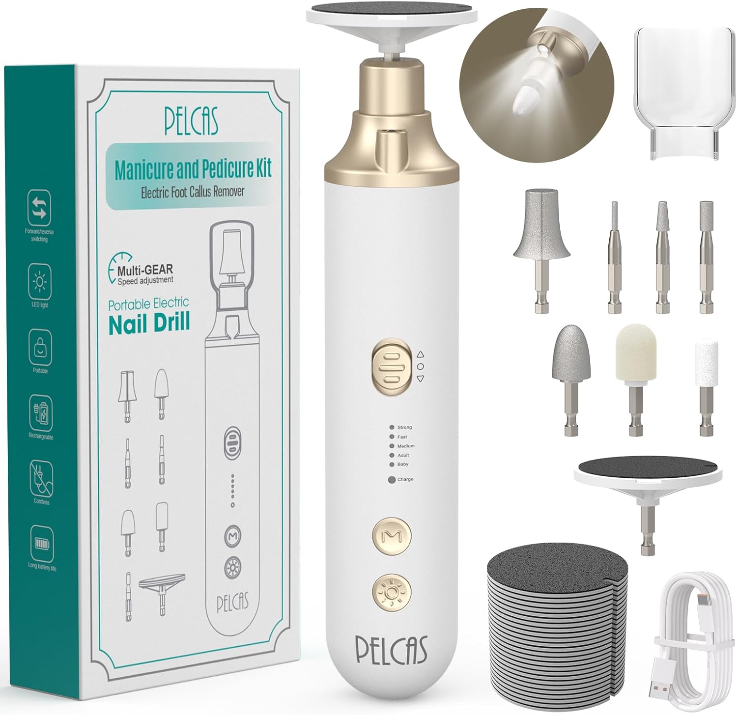 Pelcas 8 in 1 cordless nail drill front view in gold