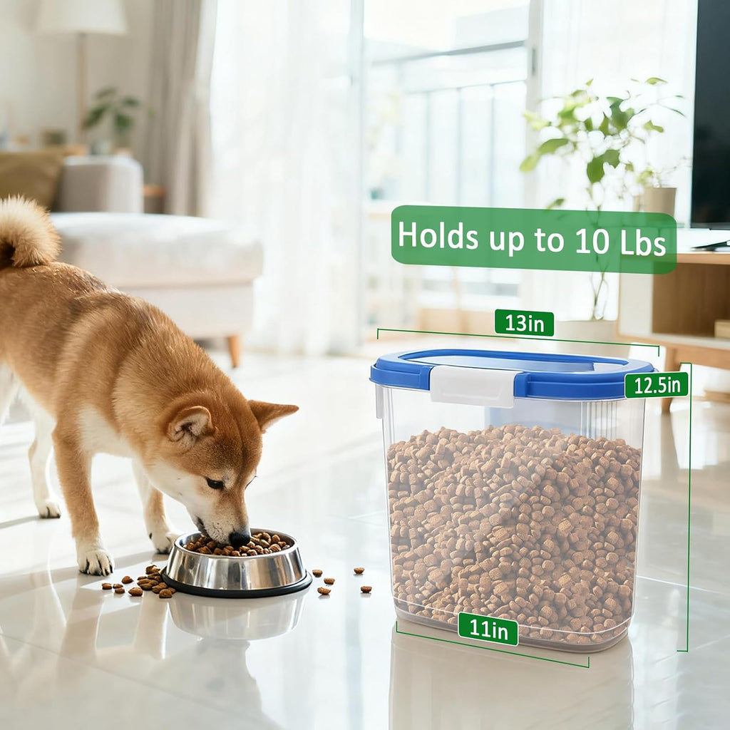 Slim pet food storage bin showing airtight locking lid mechanism