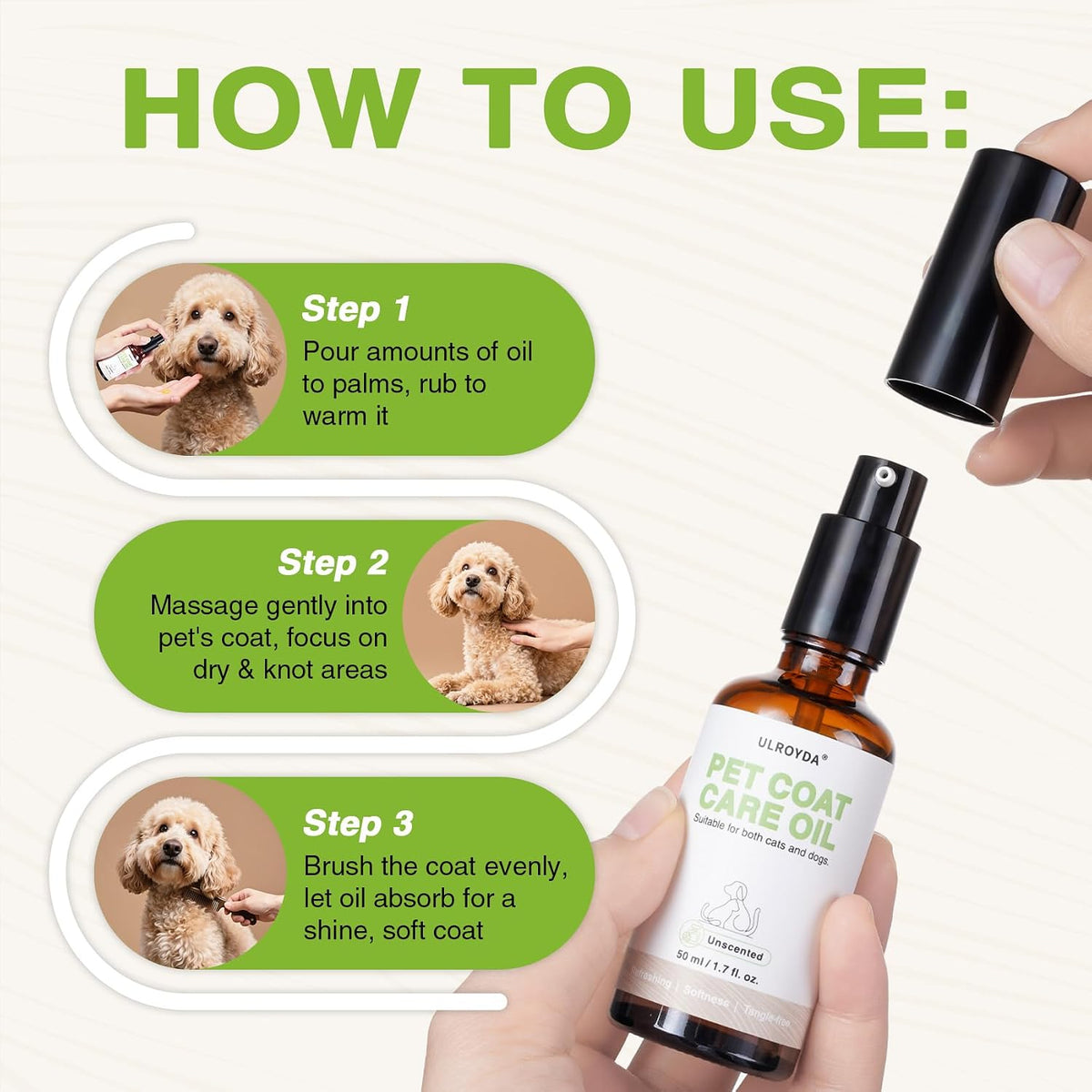 Squeezing a dime sized amount of unscented pet leave in conditioner onto hands
