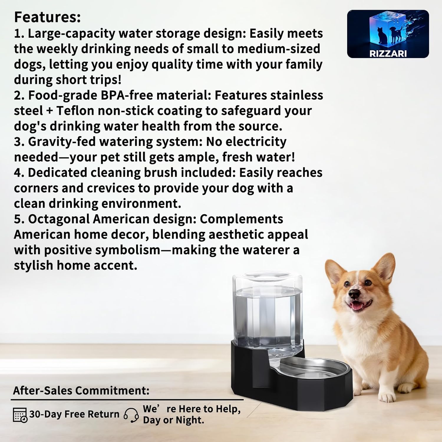 Sfozstra automatic gravity pet waterer featuring the food-grade 304 stainless steel bowl close up.