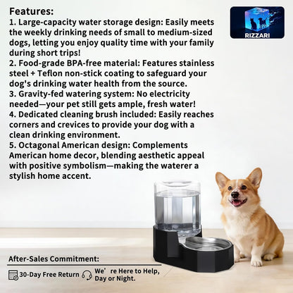 Sfozstra automatic gravity pet waterer featuring the food-grade 304 stainless steel bowl close up.