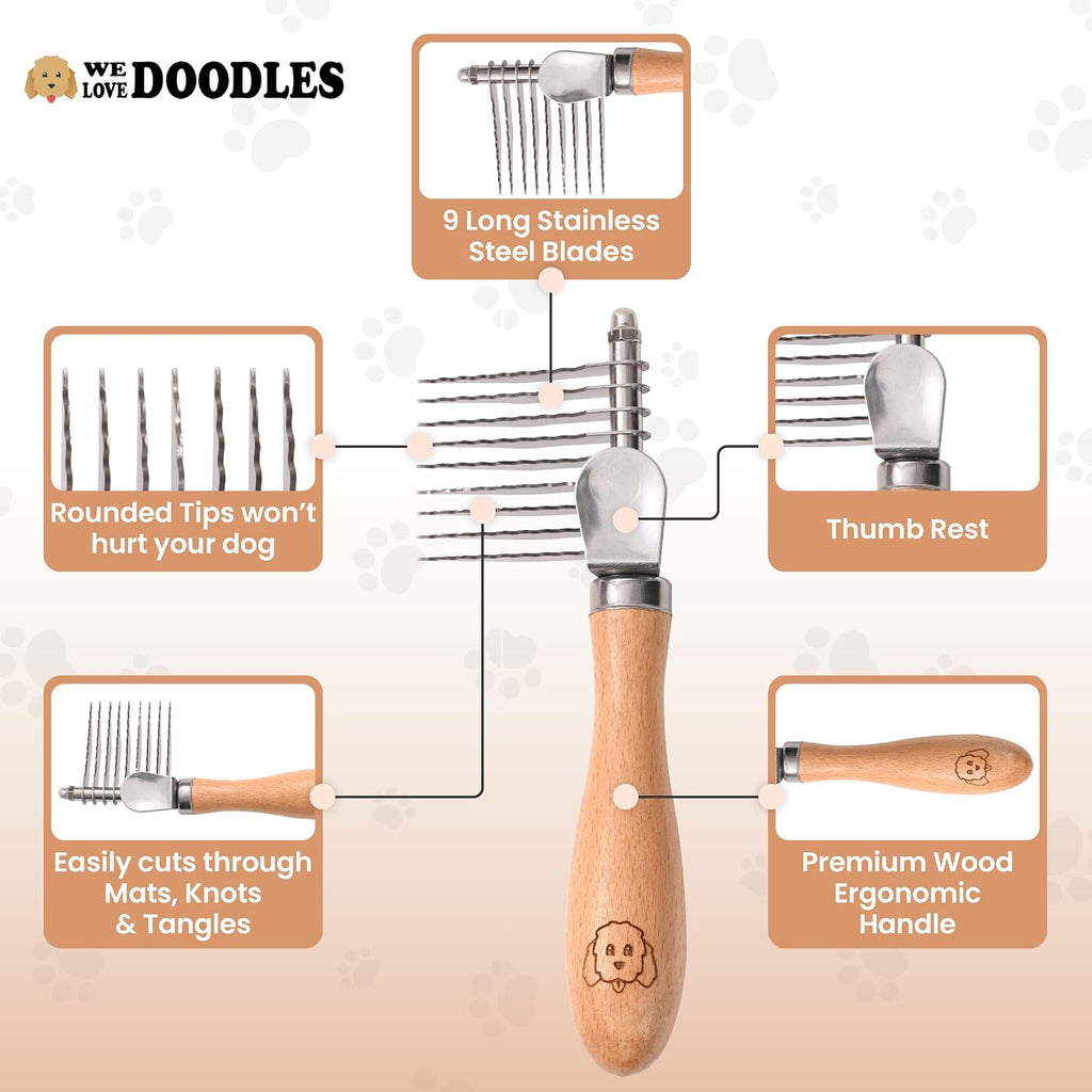 We Love Doodles Pet Dematting Comb and Pet Dematting Brush & Rake - Brown, Stainless Steel Deshedding Undercoat Rake and Detangler Brush for Dogs, Grooming Tool for Detangling, Thinning and Shedding - Image 8