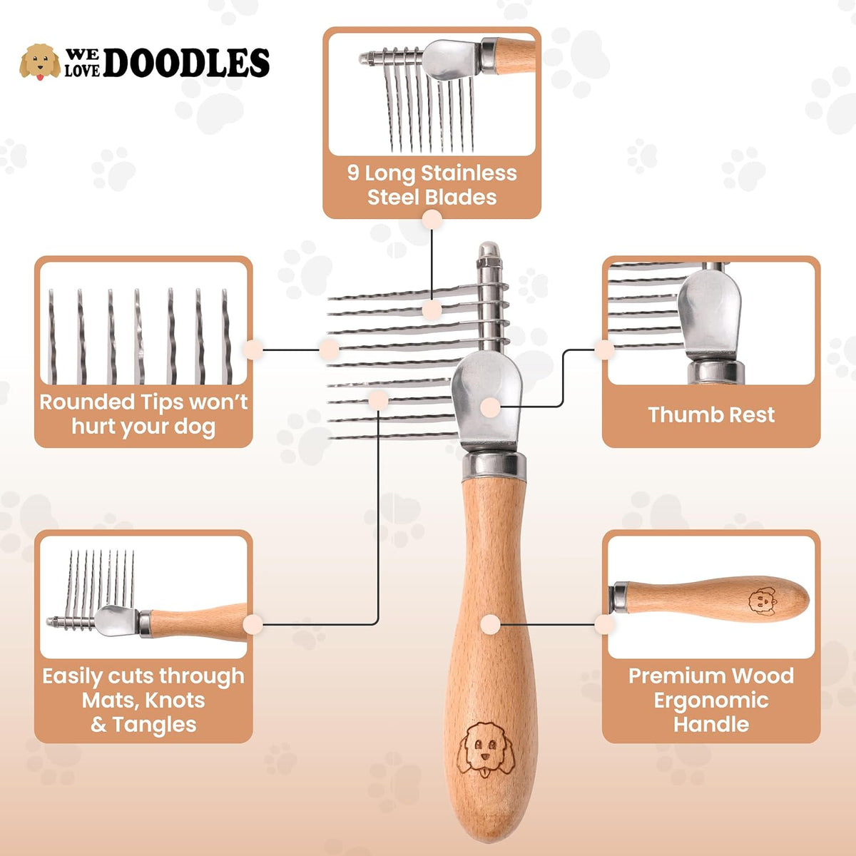 We Love Doodles Pet Dematting Comb and Pet Dematting Brush & Rake - Brown, Stainless Steel Deshedding Undercoat Rake and Detangler Brush for Dogs, Grooming Tool for Detangling, Thinning and Shedding - Image 8