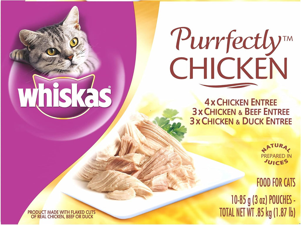 Whiskas cat food pouch ingredient details and feeding guide back view