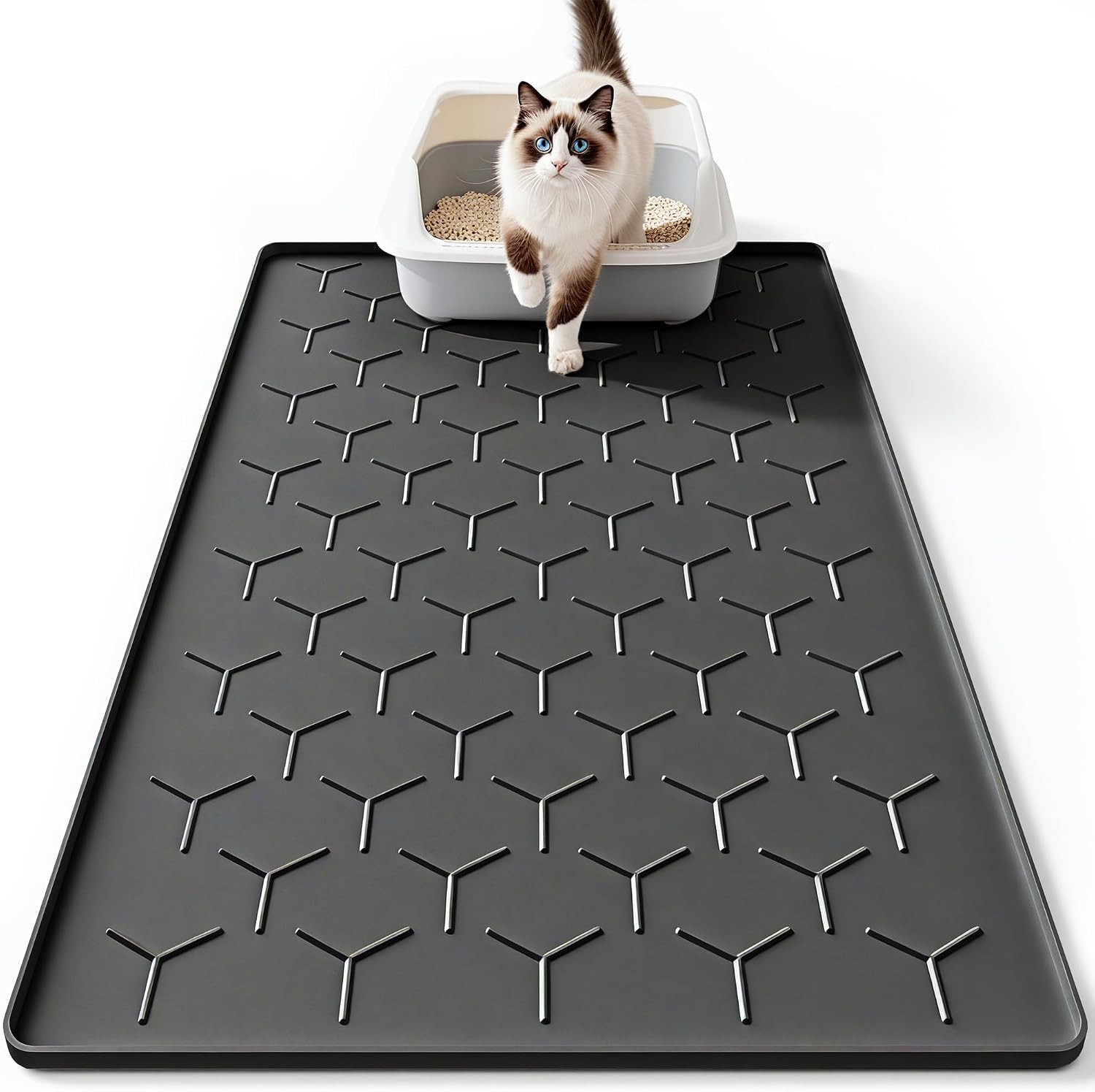 Bulkniu Large Silicone Cat Litter Mat, Waterproof/Urineproof, Litter Recycling, Easy to Clean, Soft on Kitty Paw (22"X34"- Grey) - Image 9