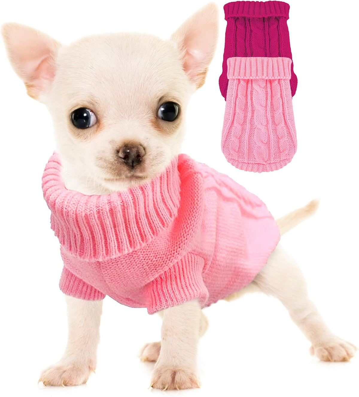 Kallfir's Cutie XXS Dog Sweater front view showing rose pink cable knit design