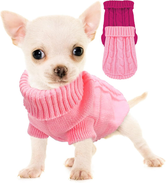 Kallfir's Cutie XXS Dog Sweater front view showing rose pink cable knit design