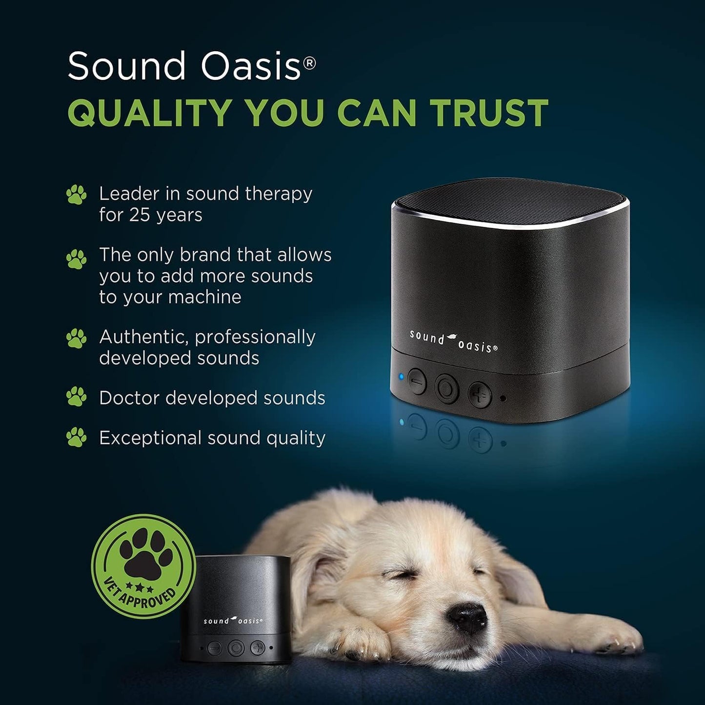 Sound Oasis portable pet speaker showing the top control buttons and sleek black aluminum finish