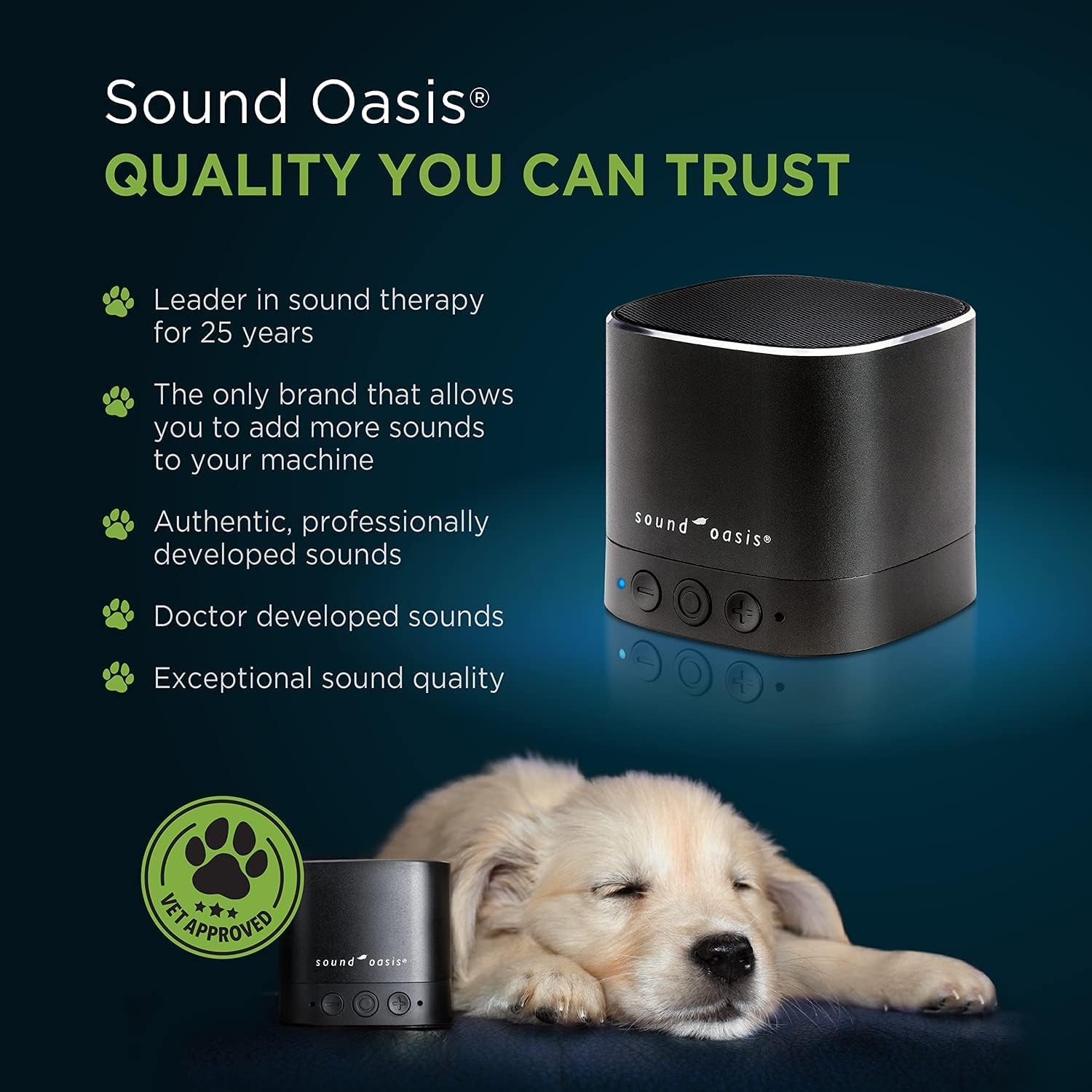 Sound Oasis portable pet speaker showing the top control buttons and sleek black aluminum finish