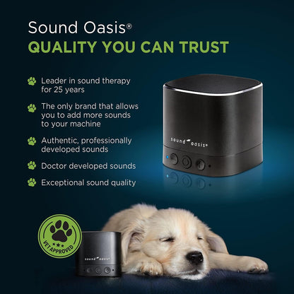 Sound Oasis portable pet speaker showing the top control buttons and sleek black aluminum finish