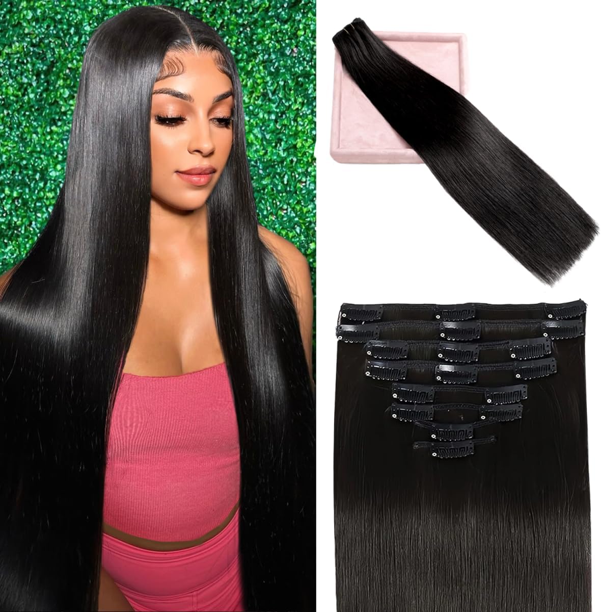 Poginja clip in hair extensions front view showing straight natural black human hair strands.