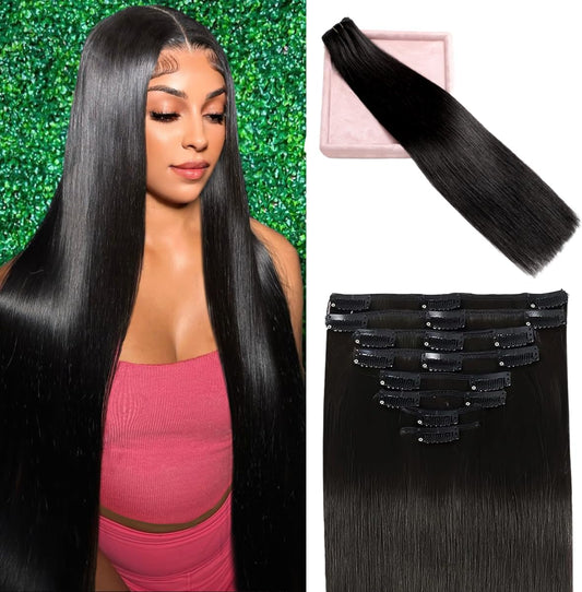 Poginja clip in hair extensions front view showing straight natural black human hair strands.