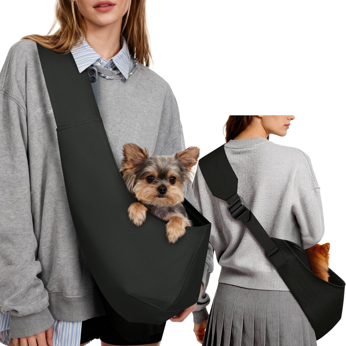 YUDODO Fashion Dog Sling Carrier for Small Dogs Lightweight Crossbody Pet Bag with Safety Strap, Pocket Storage, Machine Washable, Comfortable Travel & Outdoor Sling up to 9 lbs Black - Image 9