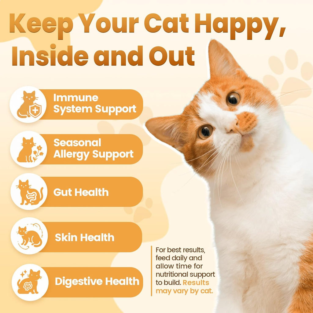 Cat enjoying Cudory allergy relief chews for seasonal skin comfort and wellness.