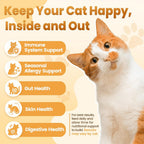 Cat enjoying Cudory allergy relief chews for seasonal skin comfort and wellness.