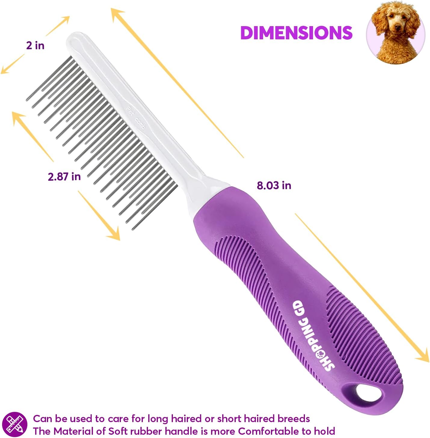 Ergonomic anti-slip rubberized handle grip on the purple dog and cat detangler brush.