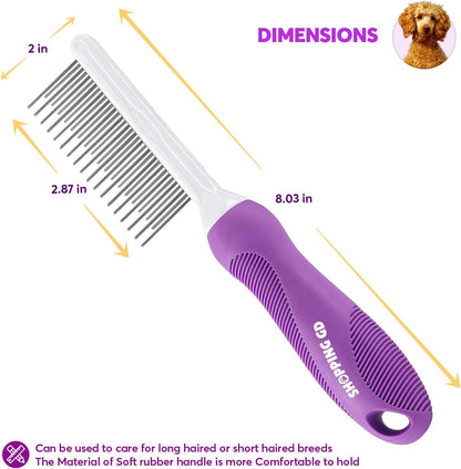 Ergonomic anti-slip rubberized handle grip on the purple dog and cat detangler brush.