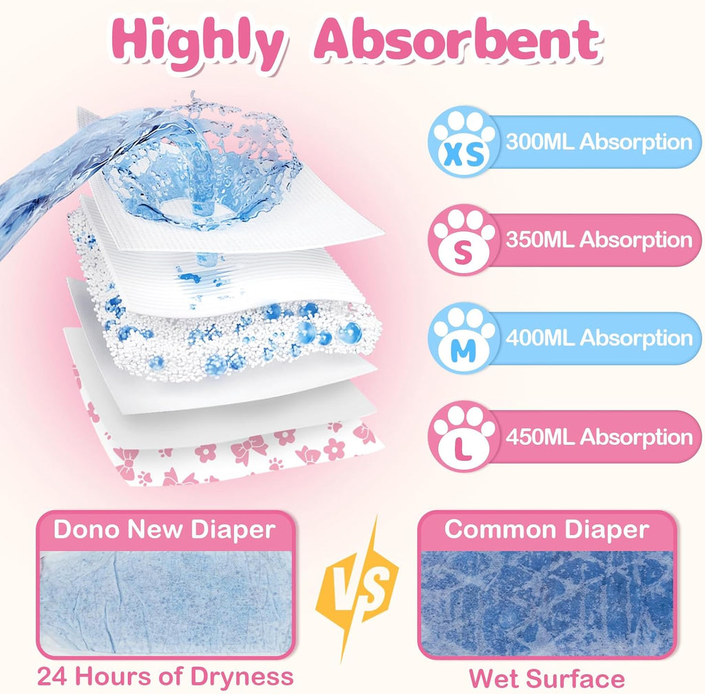 Dono pull up doggie diapers illustrating the pink bow pattern and wetness indicator strip