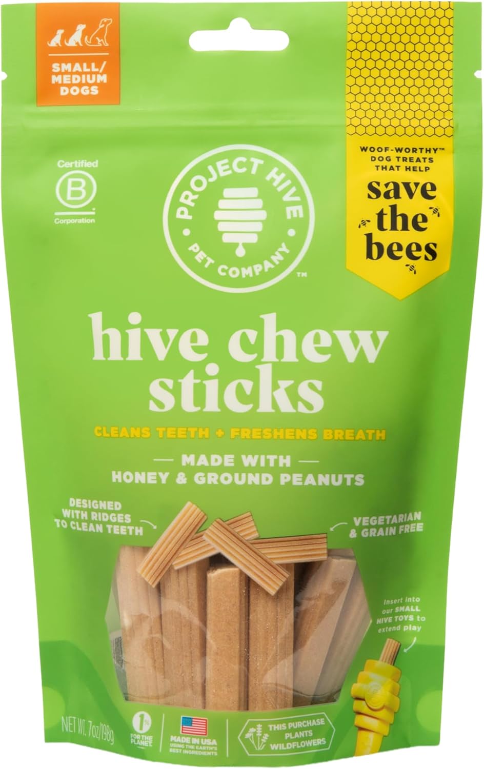 Hive Chew Sticks - Dental Treats for Dogs - Vegetarian, Made with Ground Peanuts & Honey, No Grain or Soy, Cleans Teeth & Freshens Breath (7 oz, Large Dogs - Pumpkin) - Image 11