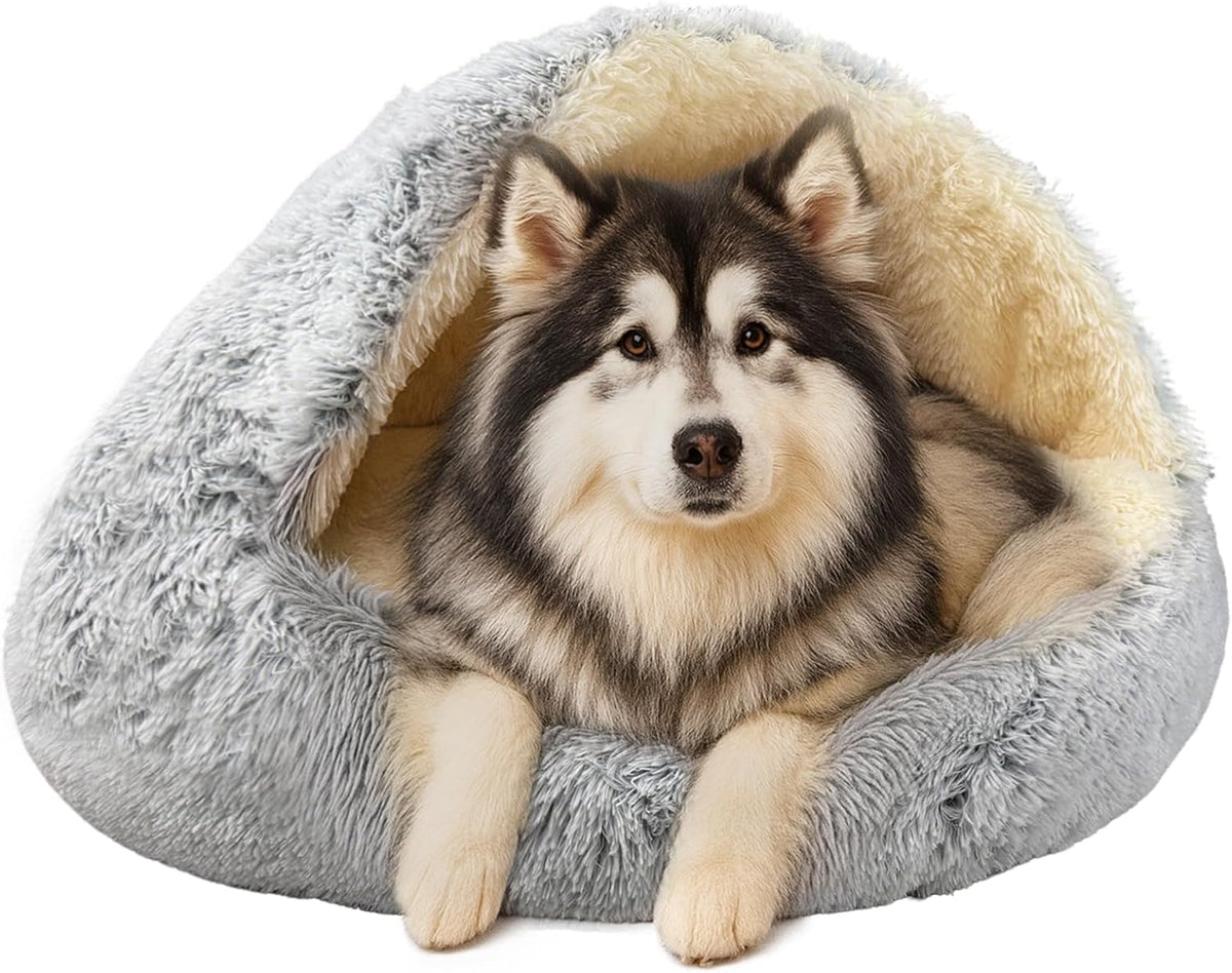 ShinHye Cat Bed Round Plush Fluffy Hooded Cat Bed Cave, Cozy for Indoor Cats or Small Dog beds, Soothing Pet Beds Doughnut Calm Anti-nxiety Dog Bed - Waterproof Bottom Washable (20x20inch, Grey) - Image 12
