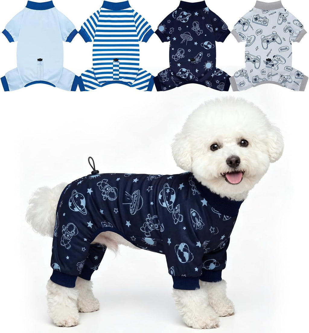 XPUDAC 4 Pack Dog Pajamas front view showing adjustable drawstring on small puppy.