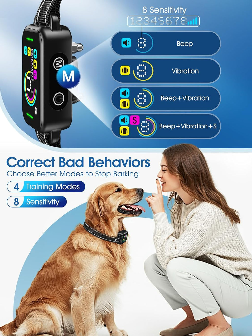 Side profile of Dinjoo rechargeable bark collar with nylon strap