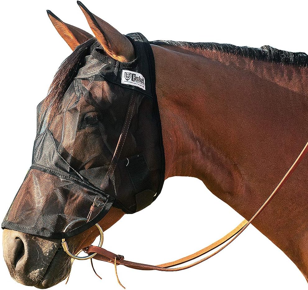 Black Cashel riding fly mask showing mesh transparency